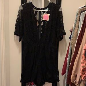 She + Sky black lace deep V romper